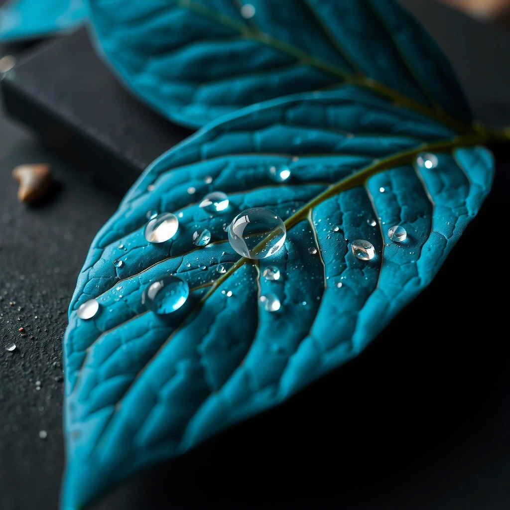 Makroaufnahme eines blauen Blattes mit Wassertropfen